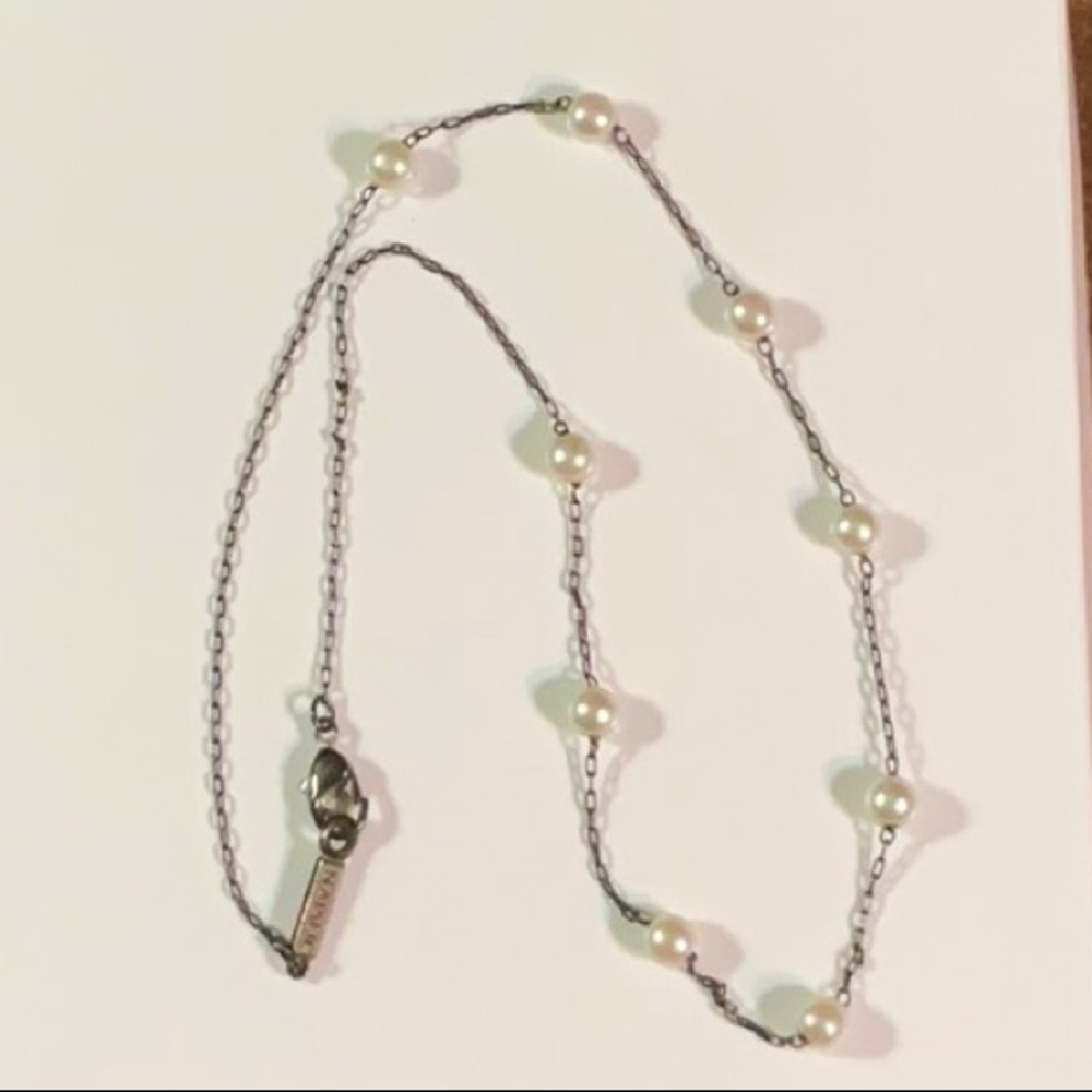 Napier 9 Faux Pearls Tin Cup Style Necklace Dark Silver Tone Metal Chain
